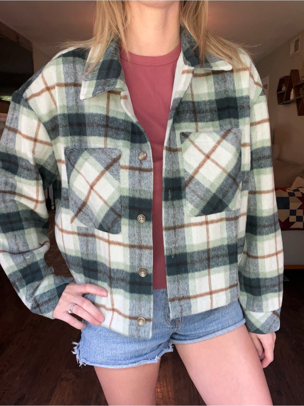 Pink Lily Green & Cream Plaid Shacket